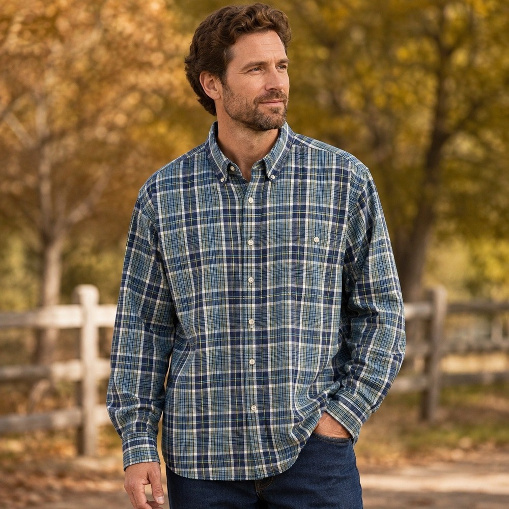 Rugged Point Authentic Mens XL Blue Green Plaid Flannel Shirt Long Sleeve Cotton